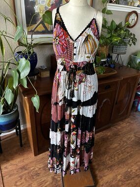 Anthropologie Maxi Floral Cottage Peasant Smocked Resort Boho XL Black Pink